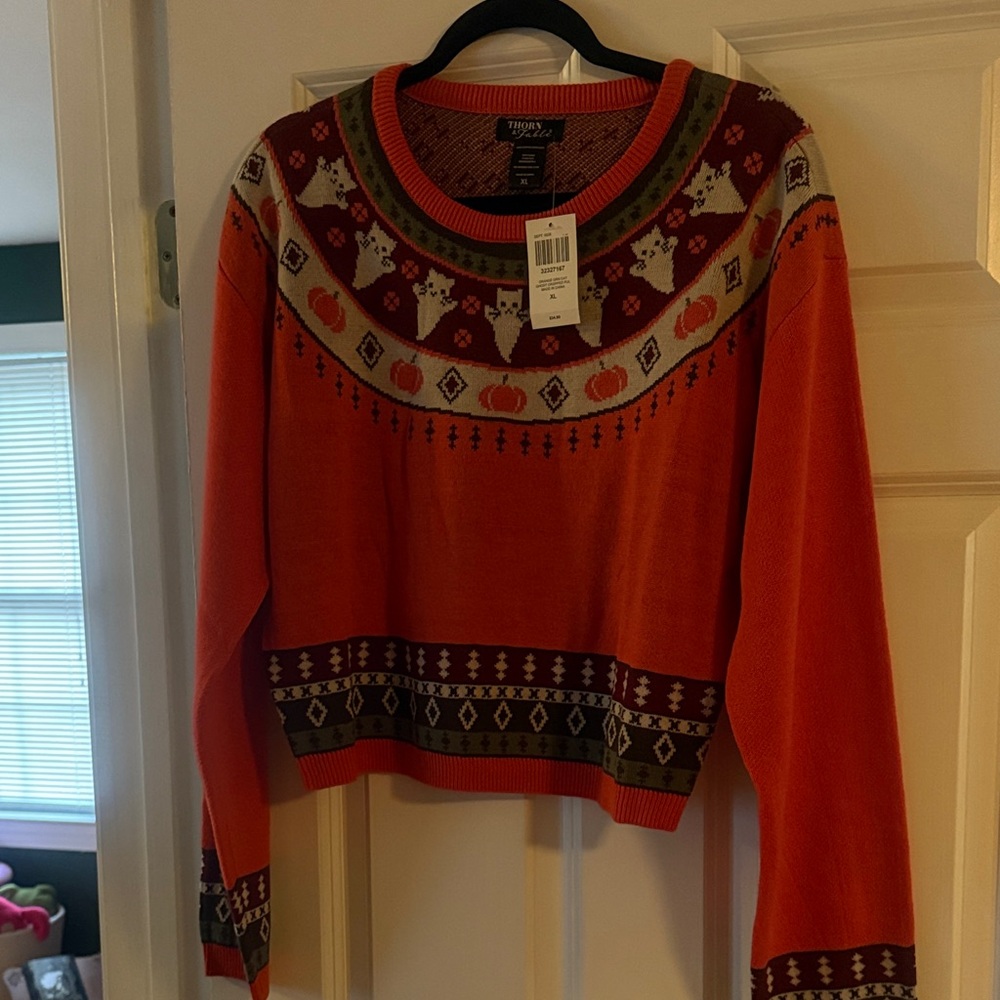 Thorn and Fable Festive Orange Sweater with Patterned Neckline with Ghost Cats